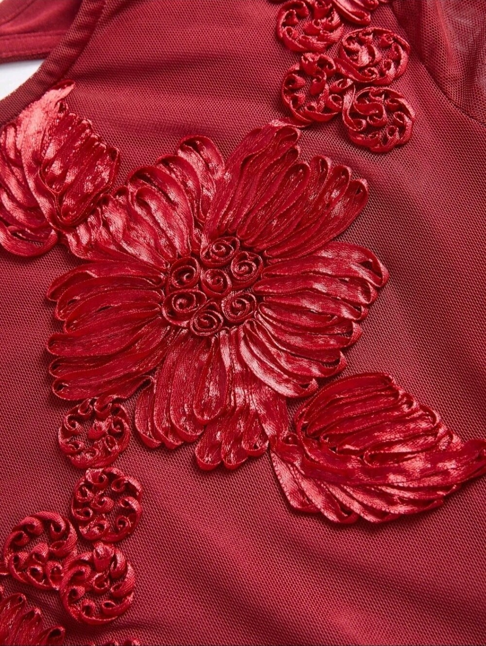 New Luxe Embroidered Sheer Floral Mesh Bodycon Mermaid Dress Red - Picture 13 of 15